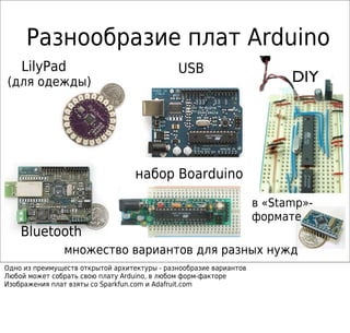 Разнообразие плат Arduino
USB
в «Stamp»-
формате
Bluetooth
LilyPad
множество вариантов для разных нужд
набор Boarduino
Одно из преимуществ открытой архитектуры - разнообразие вариантов
Любой может собрать свою плату Arduino, в любом форм-факторе
Изображения плат взяты со Sparkfun.com и Adafruit.com
USB
(для одежды)
 
