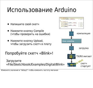 Использование Arduino
• Напишите свой скетч
• Нажмите кнопку Compile
(чтобы проверить на ошибки)
• Нажмите кнопку Upload,
чтобы загрузить скетч в плату
Попробуйте скетч «Blink»!
Загрузите
«File/Sketchbook/Examples/Digital/Blink»
Измените значение в "delay()" чтобы изменить частоту мигания
компиляция
загрузка
TX/RX мигают
скетч
стартует
 