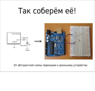 Так соберём её!
ArduinoПлата
« »земля
pin 9
« »земля
резистор
светодиод
От абстрактной схемы переходим к реальному устройству
 