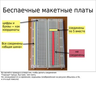 Беспаечные макетные платы
не
соединены
Все соединены
«общая шина»
цифры и
буквы — как
координаты
соединены
по 5 вместе
Вставляйте провода в отверстия, чтобы делать соединения
*Гораздо* проще, быстрее, чем паять
Но: изнашиваются со временем; недешевы (изображённая на рисунке обошлась в 5$,
и это ещё повезло)
 