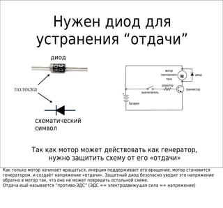 Нужен диод для
              устранения “отдачи”
                    диод
                                                                                 мотор
                                                                              постоянного             диод
                                                                                            M
                                                                                  тока
                                                                              резистор
    полоска                                                     выключатель
                                                                                                транзистор
                                                  +

                                                      батарея




             схематический
             символ


            Так как мотор может действовать как генератор,
                 нужно защитить схему от его «отдачи»
Как только мотор начинает вращаться, инерция поддерживает его вращение, мотор становится
генератором, и создаёт напряжение «отдачи». Защитный диод безопасно уводит это напряжение
обратно в мотор так, что оно не может повредить остальной схеме.
Отдача ещё называется “противо-ЭДС” (ЭДС == электродвижущая сила == напряжение)
 
