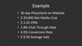 Example
• 30 day Placement on Website
• $ 20,000 Net Media Cost
• $ 2.35 CPM
• 1.8% Click Through Rate
• 4.5% Conversion Rate
• $ 9.50 Average Sale
 