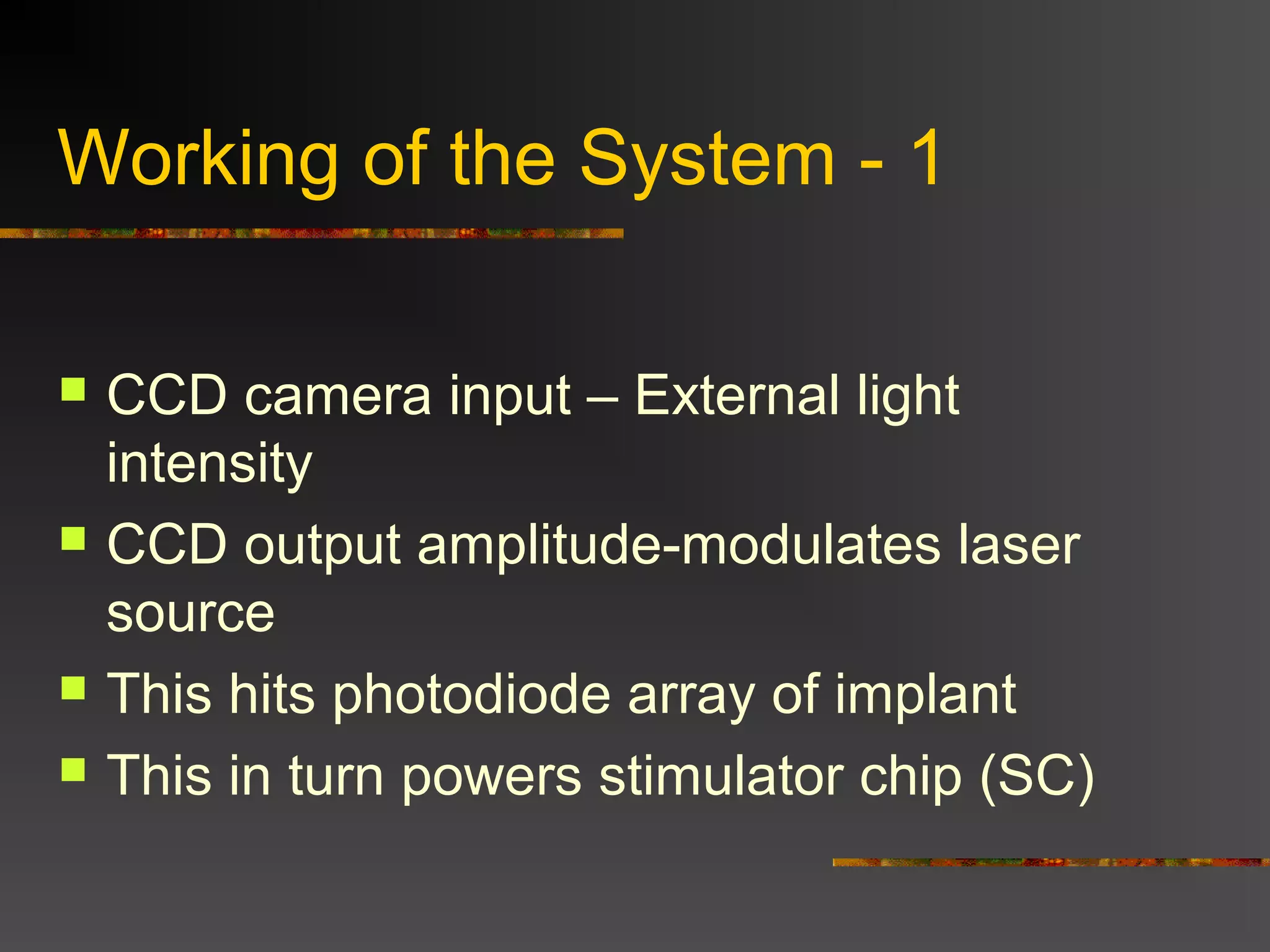 Working of the System - 1
 CCD camera input – External light
intensity
 CCD output amplitude-modulates laser
source
 This hits photodiode array of implant
 This in turn powers stimulator chip (SC)
 