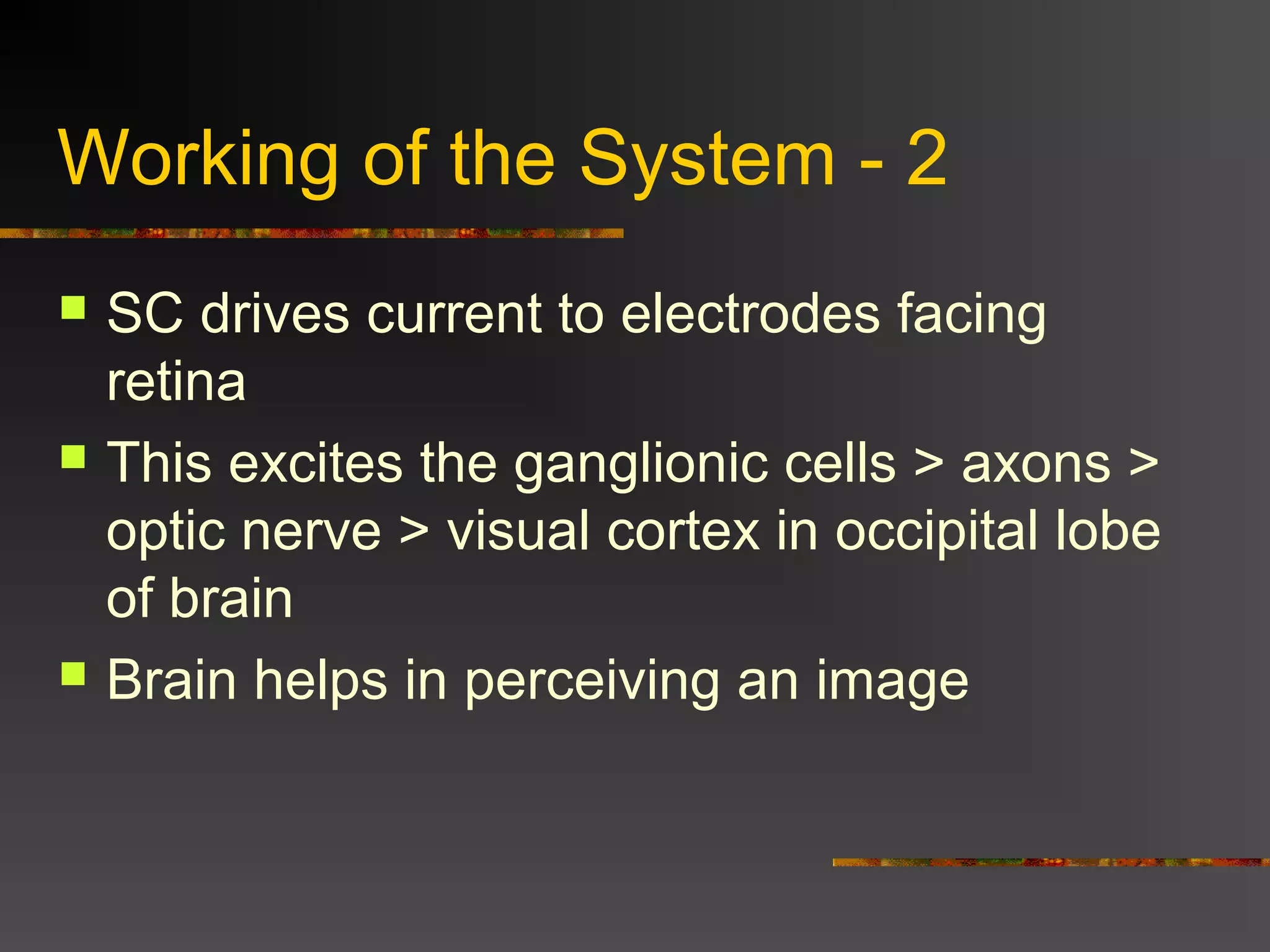 Working of the System - 2
 SC drives current to electrodes facing
retina
 This excites the ganglionic cells > axons >
optic nerve > visual cortex in occipital lobe
of brain
 Brain helps in perceiving an image
 