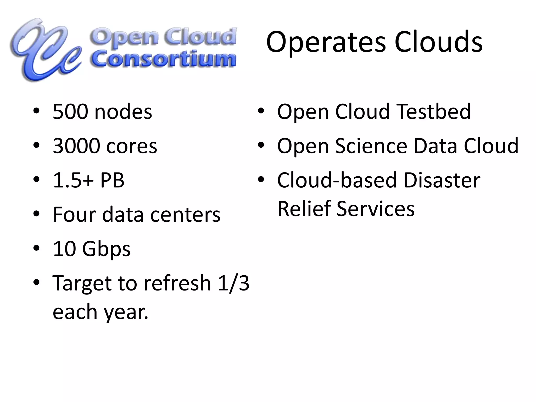 Operates Clouds500 nodes3000 cores1.5+ PBFour data centers10 GbpsTarget to refresh 1/3 each year.Open Cloud Testbed