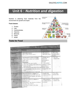 Unit 6 : Nutrition and digestion
Nutrition is obtaining food materials from the
environment for growth and repair.
Food classes:
1. Protein
2. Fats
3. Carbohydrates
4. Vitamins
5. Minerals
6. Fibers
7. Water
Tests for Food
 