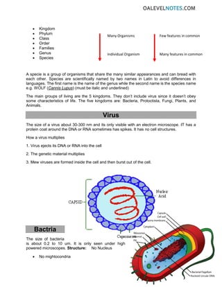 • Kingdom
• Phylum
• Class
• Order
• Families
• Genus
• Species
A specie is a group of organisms that share the many similar appearances and can bread with
each other. Species are scientifically named by two names in Latin to avoid differences in
languages. The first name is the name of the genus while the second name is the species name
e.g. WOLF (Cannis Lupus
The main groups of living are the 5 kingdoms. They don’t include virus since it doesn’t obey
some characteristics of life. The five kingdoms are: Bacteria, Protoctista, Fungi, Plants, and
Animals.
) (must be italic and underlined)
Virus
The size of a virus about 30-300 nm and its only visible with an electron microscope. IT has a
protein coat around the DNA or RNA sometimes has spikes. It has no cell structures.
How a virus multiplies
1. Virus ejects its DNA or RNA into the cell
2. The genetic material multiplies
3. Mew viruses are formed inside the cell and then burst out of the cell.
Bactria
The size of bacteria
is about 0.2 to 10 um. It is only seen under high
powered microscopes. Structure: No Nucleus
• No mightocondria
Many Organisms Few features in common
Individual Organism Many features in common
 