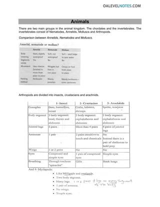 Animals
There are two main groups in the animal kingdom. The chordates and the invertebrates. The
invertebrates consist of Nematodes, Annelids, Molluscs and Arthropods.
Comparison between Annelids, Nematodes and Molluscs.
Arthropods are divided into insects, crustacians and arachnids.
 