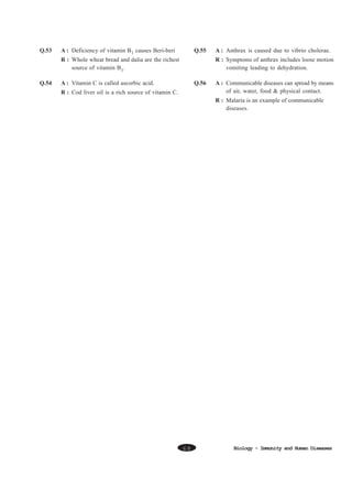 Q.53

A : Deficiency of vitamin B1 causes Beri-beri

Q.55

R : Whole wheat bread and dalia are the richest
source of vitamin B1.
Q.54

A : Anthrax is caused due to vibrio cholerae.
R : Symptoms of anthrax includes loose motion
vomiting leading to dehydration.

A : Vitamin C is called ascorbic acid.

Q.56

R : Cod liver oil is a rich source of vitamin C.

A : Communicable diseases can spread by means
of air, water, food & physical contact.
R : Malaria is an example of communicable
diseases.

68

Biology - Immunity and Human Diseases

 