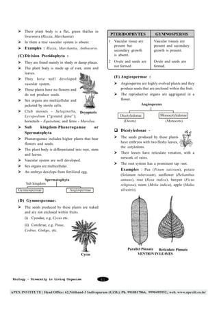 Ø Their plant body is a flat, green thallus in
liverworts (Riccia, Marchantia)

PTERIDOPHYTES
1 Vascular tissue are
present but
secondary growth
is absent.

Ø Examples : Riccia, Marchantia, Anthoceros.

(C) Division Pteridophyta :
Ø They are found mainly in shady or damp places.
Ø The plant body is made up of root, stem and
leaves.

Ovule and seeds are
formed.

(E) Angiospermae :

developed

Ø Angiosperms are highly evolved plants and they
produce seeds that are enclosed within the fruit.

Ø These plants have no flowers and
do not produce seeds.

Ø The reproductive organs are aggregated in a
flower.
Angiosperms

Ø Sex organs are multicellular and
jacketed by sterile cells.
Ø Club mosses - Selaginella, Dryopteris
Lycopodium (“ground pine”);
horsetails - Equisetum; and ferns - Marsilea.
Ø Sub

kingdom- Phanerogamae
Spermatophyta

Dicotyledonae
(Dicots)

or

Monocotyledonae
(Monocots)

q Dicotyledonae Ø The seeds produced by these plants
have embryos with two fleshy leaves,
the cotyledons.

Ø Phanerogamae includes higher plants that bear
flowers and seeds.
Ø The plant body is differentiated into root, stem
and leaves.

Ø Their leaves have reticulate venation, with a
network of veins.

Ø Vascular system are well developed.

Ø The root system has a prominent tap root.

Ø Sex organs are multicellular.

Examples : Pea (Pisum sativum), potato

Ø An embryo develops from fertilized egg.

(Solanum tuberosum), sunflower (Helianthus
annuus), rose (Rosa indica), banyan (Ficus
religiosa), neem (Melia indica), apple (Malus
silvestris).

Spermatophyta
Sub kingdom
Gymnospermae

Vascular tissues are
present and secondary
growth is present.

2 Ovule and seeds are
not formed.

Ø In them a true vascular system is absent.

Ø They have well
vascular system.

GYMNOSPERMS

Angiospermae

(D) Gymnospermae:
Ø The seeds produced by these plants are naked
and are not enclosed within fruits.
(i) Cycadae, e.g. Cycas etc.
(ii) Coniferae, e.g. Pinus,
Cedrus, Ginkgo, etc.

Parallel Pinnate Reticulate Pinnate
VENTION IN LEAVES

Cycas

Biology - Diversity in Living Organism

41

 