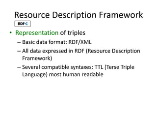 • Representation of	triples
– Basic	data	format:	RDF/XML
– All data	expressed in	RDF	(Resource	Description
Framework)
– Several compatible	syntaxes:	TTL	(Terse Triple	
Language)	most	human	readable
Resource	Description	Framework
 