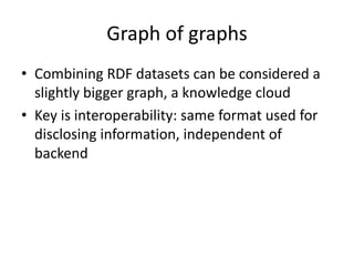 Graph	of	graphs
• Combining	RDF	datasets	can	be	considered	a	
slightly	bigger	graph,	a	knowledge	cloud
• Key	is	interoperability:	same	format	used	for	
disclosing	information,	independent	of	
backend
 