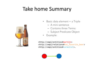 • Basic data element = a Triple
– A mini sentence
– Contains three Terms:
– Subject Predicate Object
• Example:
<http://xmpl/entities#martijn>
<http://xmpl/relations#has_favorite_beer>
<http://xmpl/entities#karmeliet>.
Take	home	Summary
 