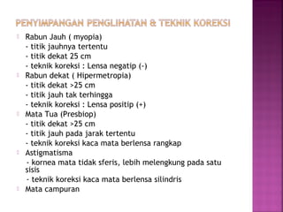  Rabun Jauh ( myopia)
- titik jauhnya tertentu
- titik dekat 25 cm
- teknik koreksi : Lensa negatip (-)
 Rabun dekat ( Hipermetropia)
- titik dekat >25 cm
- titik jauh tak terhingga
- teknik koreksi : Lensa positip (+)
 Mata Tua (Presbiop)
- titik dekat >25 cm
- titik jauh pada jarak tertentu
- teknik koreksi kaca mata berlensa rangkap
 Astigmatisma
- kornea mata tidak sferis, lebih melengkung pada satu
sisis
- teknik koreksi kaca mata berlensa silindris
 Mata campuran
 