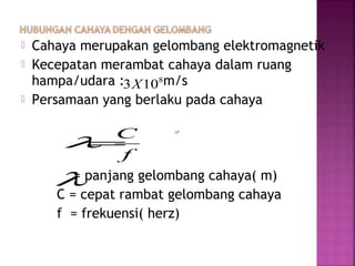  Cahaya merupakan gelombang elektromagnetik
 Kecepatan merambat cahaya dalam ruang
hampa/udara : m/s
 Persamaan yang berlaku pada cahaya
= panjang gelombang cahaya( m)
C = cepat rambat gelombang cahaya
f = frekuensi( herz)
8
10
8
103X
f
C
=λ
λ
 