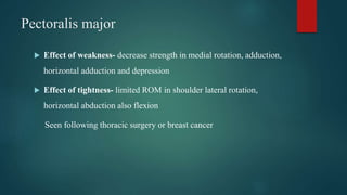 Pectoralis major
 Effect of weakness- decrease strength in medial rotation, adduction,
horizontal adduction and depression
 Effect of tightness- limited ROM in shoulder lateral rotation,
horizontal abduction also flexion
Seen following thoracic surgery or breast cancer
 