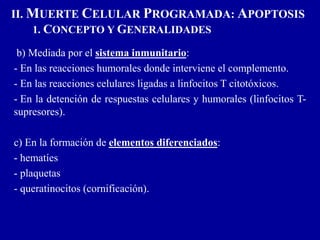 II. MUERTE CELULAR PROGRAMADA: APOPTOSIS
1. CONCEPTO Y GENERALIDADES
b) Mediada por el sistema inmunitario:
- En las reacciones humorales donde interviene el complemento.
- En las reacciones celulares ligadas a linfocitos T citotóxicos.
- En la detención de respuestas celulares y humorales (linfocitos T-
supresores).
c) En la formación de elementos diferenciados:
- hematíes
- plaquetas
- queratinocitos (cornificación).
 