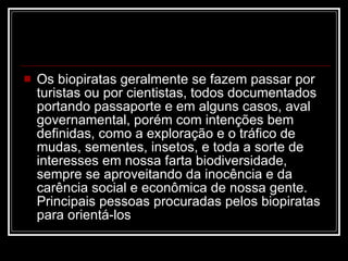 Os biopiratas geralmente se fazem passar por turistas ou por cientistas, todos documentados portando passaporte e em alguns casos, aval governamental, porém com intenções bem definidas, como a exploração e o tráfico de mudas, sementes, insetos, e toda a sorte de interesses em nossa farta biodiversidade, sempre se aproveitando da inocência e da carência social e econômica de nossa gente. Principais pessoas procuradas pelos biopiratas para orientá-los  
