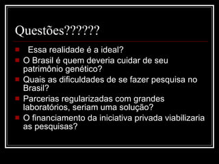 Questões??????    Essa realidade é a ideal?  O Brasil é quem deveria cuidar de seu patrimônio genético?  Quais as dificuldades de se fazer pesquisa no Brasil?  Parcerias regularizadas com grandes laboratórios, seriam uma solução?  O financiamento da iniciativa privada viabilizaria as pesquisas?  