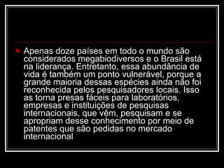 Apenas doze países em todo o mundo são considerados megabiodiversos e o Brasil está na liderança. Entretanto, essa abundância de vida é também um ponto vulnerável, porque a grande maioria dessas espécies ainda não foi reconhecida pelos pesquisadores locais. Isso as torna presas fáceis para laboratórios, empresas e instituições de pesquisas internacionais, que vêm, pesquisam e se apropriam desse conhecimento por meio de patentes que são pedidas no mercado internacional  