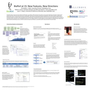 BioPerl at 15: New Features, New Directions Christopher J. Fields, University of Illinois, cjfields@uiuc.edu *Mark A. Jensen, Fortinbras Research and SRA International,  mark_jensen@sra.com  Jason  E. Stajich, University of California at Riverside, jason.stajich@ucr.edu The BioPerl Project, an open-source Perl toolkit for bioinformatics, was initiated in 1995 and became instrumental in the automated organization and analysis of original Human Genome Project data. Since then, BioPerl has become a complete object-oriented Perl environment for bioinformatics development, with modules to perform a wide range of bioinformatics functions, including multi-format parsing and translation, object-relational model databasing, EMBL and NCBI web service access, and external program execution. The BioPerl developer community is actively responding to the far-reaching changes in the field that have taken place over the last several years. Major goals are: (1) to provide new functionality useful to researchers at the cutting edge of bioinformatics, (2) to reorganize BioPerl into smaller application-oriented packages, (3) to deprecate older modules whose utility has declined substantially, and (4) to continue to expand and improve documentation, so that BioPerl remains useful and relevant in the years ahead.  Google Summer of Code BioPerl has provided mentorship for GSoC projects  for the past three years. These have resulted in material additions to the codebase, and have been focused on expanding BioPerl's capabilities in format parsing and large file processing. The BioPerl wiki (http://bioperl.org) The wiki is now the central location for all BioPerl documentation: installation, module POD, HOWTO articles, code snippets, and personnel descriptions. It has played an important role as the new face of BioPerl and as a landing for the developer discussions that are taking BioPerl forward. BioPerl on gitHub (http://github.com/bioperl) BioPerl recently migrated all active repositories to gitHub from OBF-hosted Subversion. With the move to  git  comes decentralization and more fluid, independent development. We expect this to improve the BioPerl response time both to bugs and to new developments in the field, as well as increase new developer recruitment and community participation. Community participation and development New features New directions Next-gen sequencing support Bringing BioPerl up to speed for next-gen sequence data handling has led to efforts along three lines: file format standardization, common command-line tool wrapping, and BioPerl object system I/O integration tailored to next-gen data. Formats BioPerl and other Bio* projects recently published a collaborative effort to standardize FASTQ formats, including variants for Illumina and Solexa platforms. These formats are now in use across BioPerl and the Bio* projects. Support for important binary formats (BAM, BigWIG) is provided by wrappers for command line tools, and the integration of fast XS-based Perl modules such as Lincoln Stein's  Bio-SamTools  and  Bio-BigFile  CPAN packages. Wrappers Enhancements to the  Bio::Tools::Run::WrapperBase  system has made it easier to add BioPerl wrapper modules for external programs, and to integrate these into other modules that implement pipelines using BioPerl sequence and alignment objects as I/O. Tracking NCBI developments In the past year, NCBI has released a fully updated BLAST toolkit,  blast+ † , and has been encouraging a move from their EUtilities RESTful interface to a newer SOAP interface ‡ .  BioPerl has responded with  Bio::Tools::Run::StandAloneBlastPlus  and  Bio::DB::SoapEUtilities . These were designed not only to update the API interface, but also to add I/O layers that accept and parse messages into familiar BioPerl objects, and to build in straightforward methods for creating pipelines of  blast+  program analyses or EUtilities fetches. † ftp://ftp.ncbi.nlm.nih.gov/blast/executables/blast+/LATEST ‡ http://eutils.ncbi.nlm.nih.gov/entrez/eutils/soap/v2.0/DOC/esoap_help.html bedtools bowtie bwa minimo newbler samtools BioPerl object support :  Bio::Assembly The  Bio::Assembly  system has been extensively updated, to include reading and/or writing assemblies in MAQ, BAM, SAM, BWA, and other formats. Assembly object support is integrated into run wrappers for  bwa ,  bedtools ,  maq , and  samtools . Future work will incorporate new sequence objects that are optimized for large files (through the work of GSoC student Jun Yin). use Bio::Tools::Run::Maq; my $maq = Bio::Tools::Run::Maq->new(); $assy_obj = $maq->run('read1.fastq', 'refseq.fas', 'read2.fastq'); Timeline BioPerl has grown in its user and developer base since those early days. New developers and collaborations have contributed not only key modules, but also important design methodologies and refactoring over the years that have helped BioPerl to maintain its usefulness and relevance. Discontinuities followed by increases in lines of code over time reflect a high level of community flexibility and dedication in pursuit of DTWT. General wrapper facility A set of modules ( Bio::Tools::WrapperMaker ) is under development that will increase the responsiveness of BioPerl development by providing an XML-based way for users themselves to specify the interface for their favorite commandl ine programs, at the same time creating a common, consistent API for executing those programs and accessing output. Intermediate layers for large file handling and generic parsing BioPerl parsers generally take raw data to Perl objects with no intermediate layer. This induces prohibitive overhead when parsing large files, and also can limit user flexibility: parsing may be desired, but not the BioPerl objects. The first problem is being tackled by attaching backend handlers onto container class constructors that are able persist records of large files efficiently, creating BioPerl objects only as needed or desired. The second problem has led to experiments in generic parsing: data file records are parsed into a simple stream of hashes, which then can be directed where the user desires; into the creation of BioPerl objects as usual, or elsewhere. Biome and BioPerl 6 BioPerl has been object-oriented from the beginning, but suffers the weaknesses of Perl 5 objects: very high overhead, loose encapsulation, limited object introspection, and the lack of built-in interfaces and roles, among other things.  These issues are being addressed in two ways: in Perl 5 through the Moose classes and dependencies, and in the creation of Perl 6. BioPerl is exploring both paths to true objects with the experimental  Biome  (BioPerl with Metaobject Extensions) and BioPerl 6 projects. Biome role as interface Shattering the Monolith  BioPerl continues to be distributed as just a handful of packages. The core package in particular has grown to 341 files, comprising 874 classes with 23,146 tests. Maintenance and installation issues are barriers to developers and users alike. We are in the process of splitting the core into reasonable, application-related chunks. This plus the  git  migration should significantly improve BioPerl management. The  BioPerl Core Development Team  is Sendu Bala, Rob Buels, Christopher Fields, Mark Jensen, Hilmar Lapp, Heikki Lehväslaiho, Aaron Mackey, Dave Messina, Brian Osborne, Jason Stajich, and Lincoln Stein. Key support is provided by Chris Dagdigian and Mauricio Herrera Cuadra. Florent Angly and Dan Kortschak are lead developers of projects discussed here. Year Sponsoring Institution Student Project Example Module 2008 NESCent Mira Han PhyloXML parsing  Bio::TreeIO::phyloxml 2009 NESCent Chase Miller NeXML parsing Bio::Nexml 2010 OBF Jun Yin Alignment subsystem refactoring  in progress source: http://www.ohloh.net/p/bioperl Convert plain text sequence Map reads to reference seq Assemble map into consensus Extract info from consensus fasta2bfa fastq2bfq map mapmerge assemble mapview cns2fq maq  assembly pipeline class consumes role Class Role must instantiate reqd abstract method consuming class possesses role members instance possesses concrete role methods main:: 