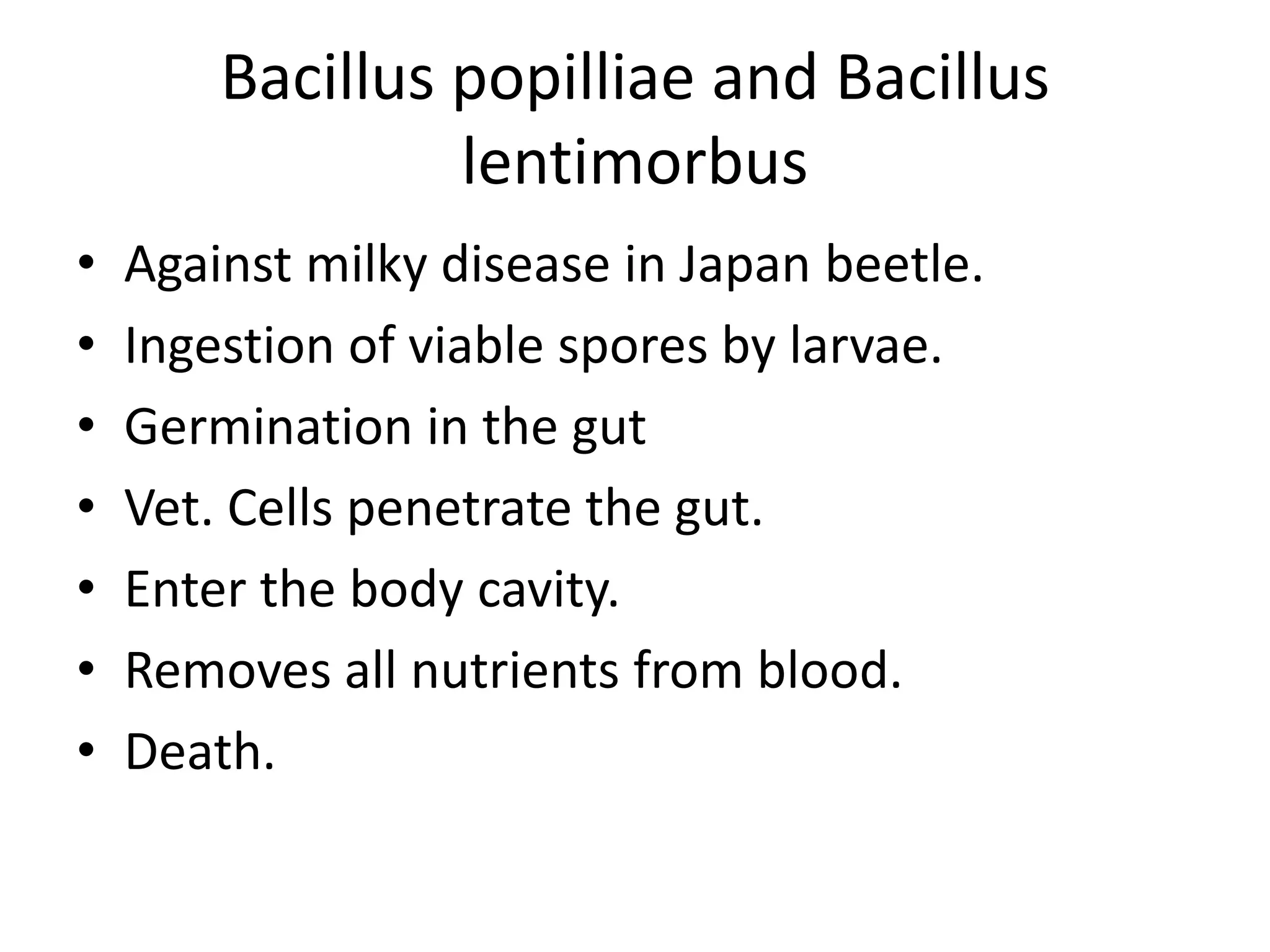 Bacillus popilliae and Bacillus
lentimorbus
• Against milky disease in Japan beetle.
• Ingestion of viable spores by larvae.
• Germination in the gut
• Vet. Cells penetrate the gut.
• Enter the body cavity.
• Removes all nutrients from blood.
• Death.
 