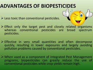 ADVANTAGES OF BIOPESTICIDES
 Less toxic than conventional pesticides.
 Effect only the target pest and closely related organisms
whereas conventional pesticides are broad spectrum
pesticides.
 Effective in very small quantities and often decompose
quickly, resulting in lower exposures and largely avoiding
pollution problems caused by conventional pesticides.
 When used as a component of Integrated Pest Management
programs, biopesticides can greatly reduce the use of
conventional pesticides while crop yields remain high.
 