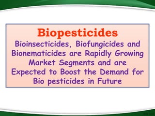Biopesticides
Bioinsecticides, Biofungicides and
Bionematicides are Rapidly Growing
Market Segments and are
Expected to Boost the Demand for
Bio pesticides in Future
 