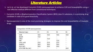 Literature Articles
1. Lei Li et. al. has developed Curcumin (CUR) nanosuspension to enhance CUR oral bioavailability using a
cost effective method different from conventional techniques.
• Curcumin (CUR), a Biopharmaceutics Classification System (BCS) class IV substance, is a promising drug
candidate in view of its good bioactivity.
• Nanosuspension is one of the most promising strategies to improve the oral bioavailability of insoluble
drugs.
 