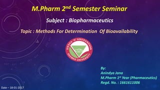 M.Pharm 2nd Semester Seminar
Subject : Biopharmaceutics
Topic : Methods For Determination Of Bioavailability
By:
Anindya Jana
M.Pharm 1st Year (Pharmaceutics)
Regd. No. : 1661611006
Date – 18-01-2017
 