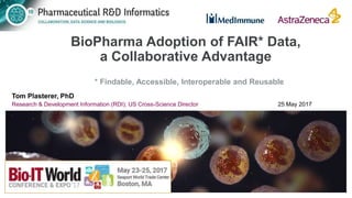 BioPharma Adoption of FAIR* Data,
a Collaborative Advantage
Tom Plasterer, PhD
Research & Development Information (RDI); US Cross-Science Director 25 May 2017
* Findable, Accessible, Interoperable and Reusable
 