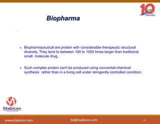 Biopharma
 Biopharmaceutical are protein with considerable therapeutic structural
diversity. They tend to between 100 to 1000 times larger than traditional
small molecule drug .
 Such complex protein can't be produced using convential chemical
synthesis rather than in a living cell under stringently controlled condition.
15
www.stabicon.com bd@stabicon.com
 