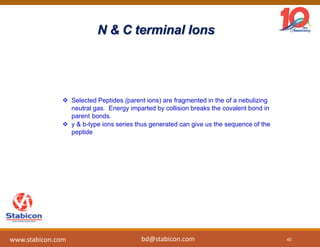N & C terminal Ions
 Selected Peptides (parent ions) are fragmented in the of a nebulizing
neutral gas. Energy imparted by collision breaks the covalent bond in
parent bonds.
 y & b-type ions series thus generated can give us the sequence of the
peptide
40
www.stabicon.com bd@stabicon.com
 