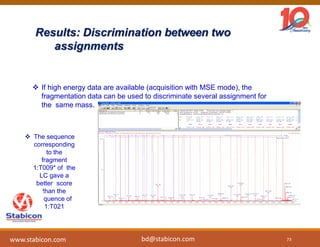 Results: Discrimination between two
assignments
 The sequence
corresponding
to the
fragment
1:T009* of the
LC gave a
better score
than the
sequence of
1:T021
 If high energy data are available (acquisition with MSE mode), the
fragmentation data can be used to discriminate several assignment for
the same mass.
73
www.stabicon.com bd@stabicon.com
 