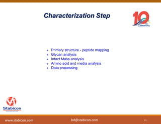 Characterization Step
 Primary structure - peptide mapping
 Glycan analysis
 Intact Mass analysis
 Amino acid and media analysis
 Data processing
21www.stabicon.com bd@stabicon.com
 