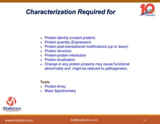 Characterization Required for
 Protein identity (mutant protein)
 Protein quantity (Expression)
 Protein post-translational modifications (up or down)
 Protein structure
 Protein-protein interaction
 Protein localization
 Change in any protein property may cause functional
abnormality and might be relevant to pathogenesis.
Tools
 Protein Array
 Mass Spectrometry
23www.stabicon.com bd@stabicon.com
 