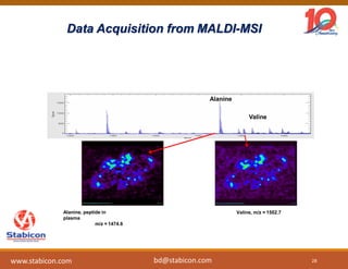 Data Acquisition from MALDI-MSI
Alanine, peptide in
plasma
m/z = 1474.6
Valine, m/z = 1502.7
Alanine
Valine
28www.stabicon.com bd@stabicon.com
 