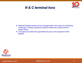 N & C terminal Ions
 Selected Peptides (parent ions) are fragmented in the mass of a nebulizing
neutral gas. Energy imparted by collision breaks the covalent bond in
parent bonds.
 y & b-type ions series thus generated can give us the sequence of the
peptide
40www.stabicon.com bd@stabicon.com
 