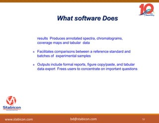 What software Does
 Automates data processing and annotation of experimental
results Produces annotated spectra, chromatograms,
coverage maps and tabular data
 Facilitates comparisons between a reference standard and
batches of experimental samples
 Outputs include formal reports, figure copy/paste, and tabular
data export Frees users to concentrate on important questions
52www.stabicon.com bd@stabicon.com
 