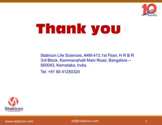 Thank you
75www.stabicon.com
Stabicon Life Sciences, #4M-413,1st Floor, H R B R
3rd Block, Kammanahalli Main Road, Bangalore –
560043, Karnataka, India.
Tel: +91 80 41250324
bd@stabicon.com
 