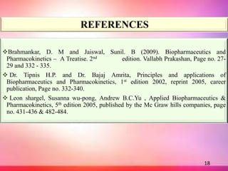 REFERENCES
Brahmankar, D. M and Jaiswal, Sunil. B (2009). Biopharmaceutics and
Pharmacokinetics – A Treatise. 2nd edition. Vallabh Prakashan, Page no. 27-
29 and 332 - 335.
 Dr. Tipnis H.P. and Dr. Bajaj Amrita, Principles and applications of
Biopharmaceutics and Pharmacokinetics, 1st edition 2002, reprint 2005, career
publication, Page no. 332-340.
 Leon shargel, Susanna wu-pong, Andrew B.C.Yu , Applied Biopharmaceutics &
Pharmacokinetics, 5th edition 2005, published by the Mc Graw hills companies, page
no. 431-436 & 482-484.
18
 