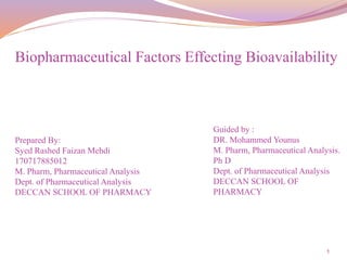 1
Biopharmaceutical Factors Effecting Bioavailability
Prepared By:
Syed Rashed Faizan Mehdi
170717885012
M. Pharm, Pharmaceutical Analysis
Dept. of Pharmaceutical Analysis
DECCAN SCHOOL OF PHARMACY
Guided by :
DR. Mohammed Younus
M. Pharm, Pharmaceutical Analysis.
Ph D
Dept. of Pharmaceutical Analysis
DECCAN SCHOOL OF
PHARMACY
 