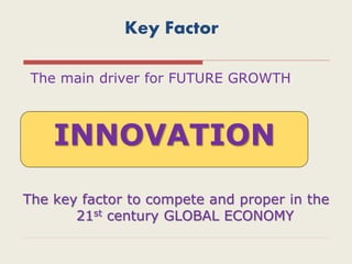 Key Factor
The main driver for FUTURE GROWTH
The key factor to compete and proper in the
21st century GLOBAL ECONOMY
INNOVATION
 
