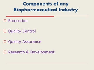Components of any
Biopharmaceutical Industry
 Production
 Quality Control
 Quality Assurance
 Research & Development
 