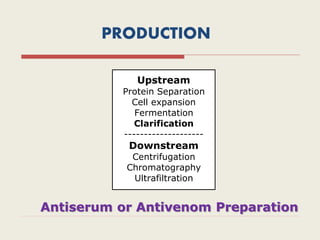 PRODUCTION
Upstream
Protein Separation
Cell expansion
Fermentation
Clarification
--------------------
Downstream
Centrifugation
Chromatography
Ultrafiltration
Antiserum or Antivenom Preparation
 
