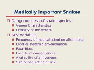 Medically Important Snakes
 Dangerousness of snake species
 Venom Characteristics
 Lethality of the venom
 Key Variables
 Frequency of medical attention after a bite
 Local or systemic envenomation
 Fatal Bites
 Long term consequences
 Availability of antivenoms
 Size of population at risk
 