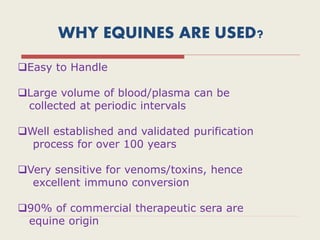 WHY EQUINES ARE USED?
Easy to Handle
Large volume of blood/plasma can be
collected at periodic intervals
Well established and validated purification
process for over 100 years
Very sensitive for venoms/toxins, hence
excellent immuno conversion
90% of commercial therapeutic sera are
equine origin
 