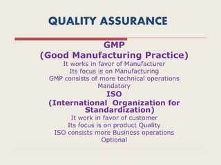 QUALITY ASSURANCE
GMP
(Good Manufacturing Practice)
It works in favor of Manufacturer
Its focus is on Manufacturing
GMP consists of more technical operations
Mandatory
ISO
(International Organization for
Standardization)
It work in favor of customer
Its focus is on product Quality
ISO consists more Business operations
Optional
 