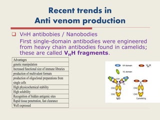 Recent trends in
Anti venom production
 VHH antibobies / Nanobodies
First single-domain antibodies were engineered
from heavy chain antibodies found in camelids;
these are called VHH fragments.
Advantages
genetic manipulation
Increased functional size of immune libraries
production of multivalent formats
production of oligoclonal preparations from
single cells
High physicochemical stability
High solubility
Recognition of hidden antigenic sites
Rapid tissue penetration, fast clearance
Well expressed
 