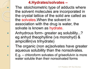 4.Hydrates/solvates –
 The stoichiometric type of adducts where
the solvent molecules are incorporated in
the crystal lat...